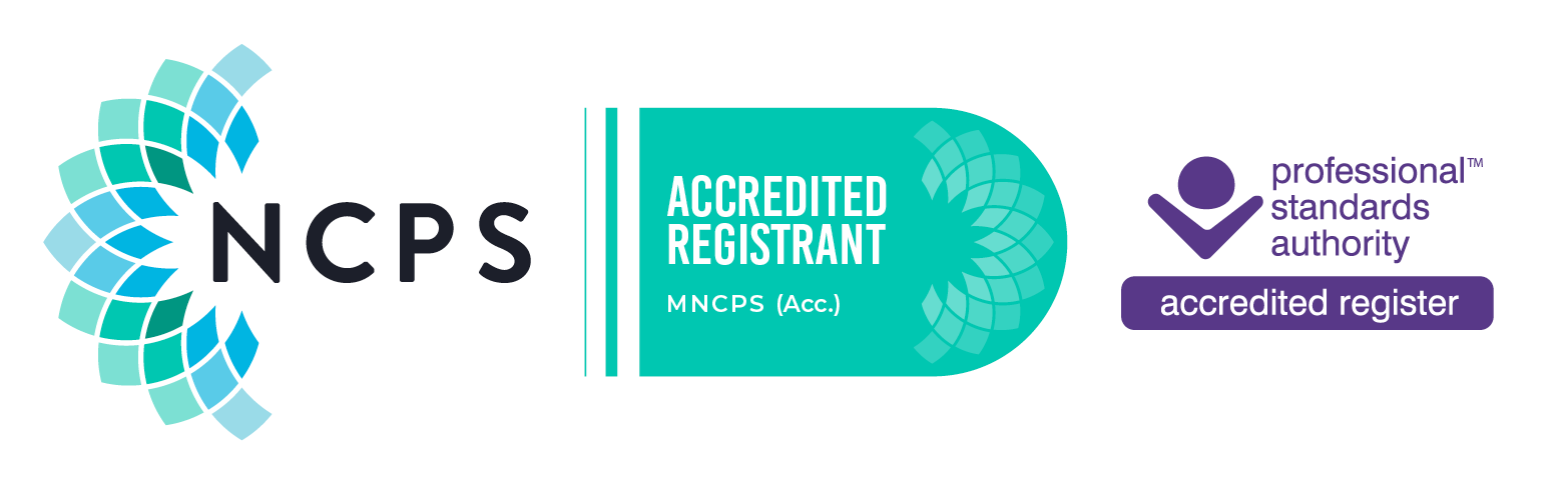 NCPS Accredited Registrant logo badge alongside the Professional Standards Authority accredited register quality mark.