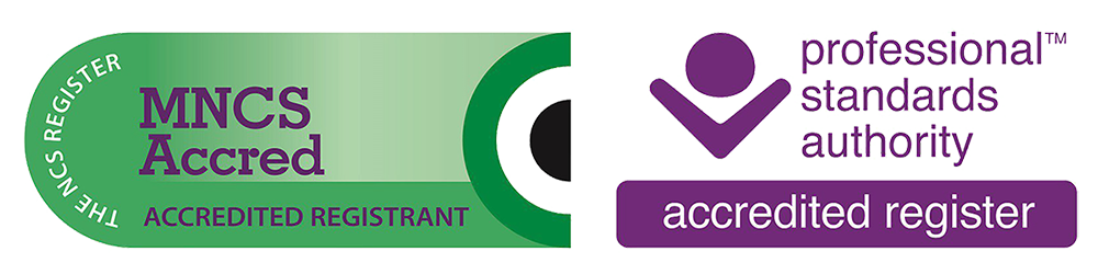MNCS Accred Accredited Registrant and Professional Standards Authority accredited register logos.